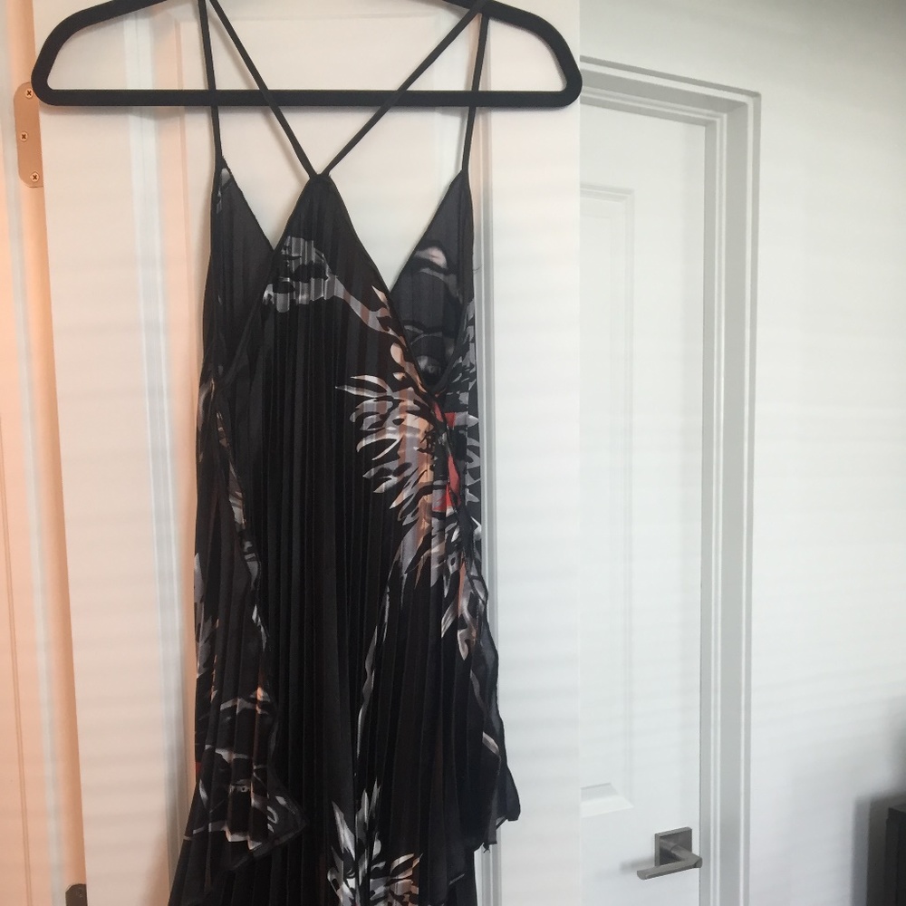 Black Floral Asymmetrical Slip Dress with Spaghetti Straps